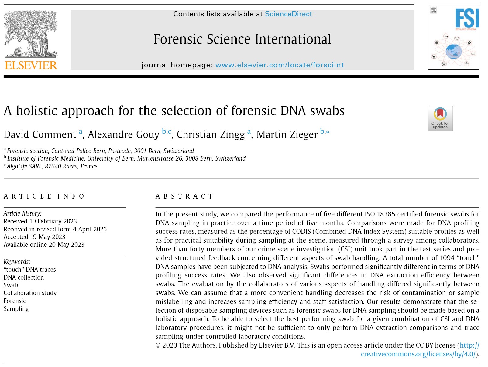 Paper co-authored with the Institute of Forensic Medicine, University of Bern